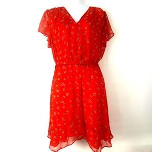 Vince Camuto Women's Red Printed Dress, Sheer With Lining, Tie Belt, Size 8